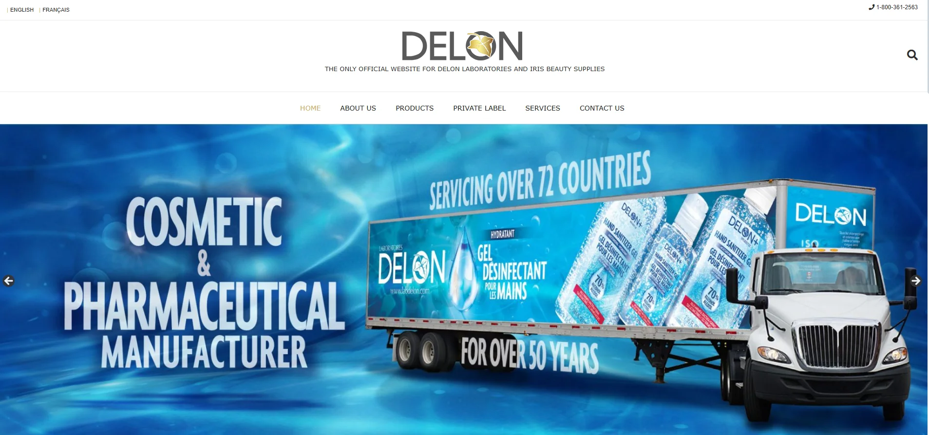 Truck featuring Delon branding for a cosmetic and pharmaceutical manufacturer, highlighting global service and longevity.